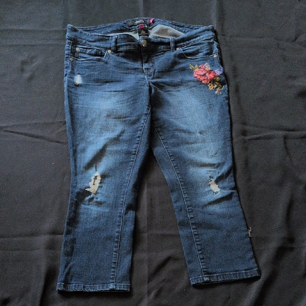 torrid Dark Blue Embroidered Floral Crop Jeans